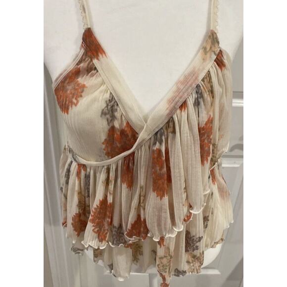 Free‎ People Asymmetrical Spaghetti Strap Top Cream + Floral Women Sz Med - Picture 1 of 8